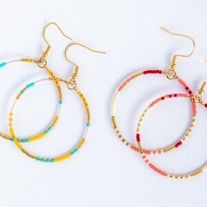 2 pairs Seed Bead Boho Hoop Earrings Colorful beaded Hoops Lightweight
